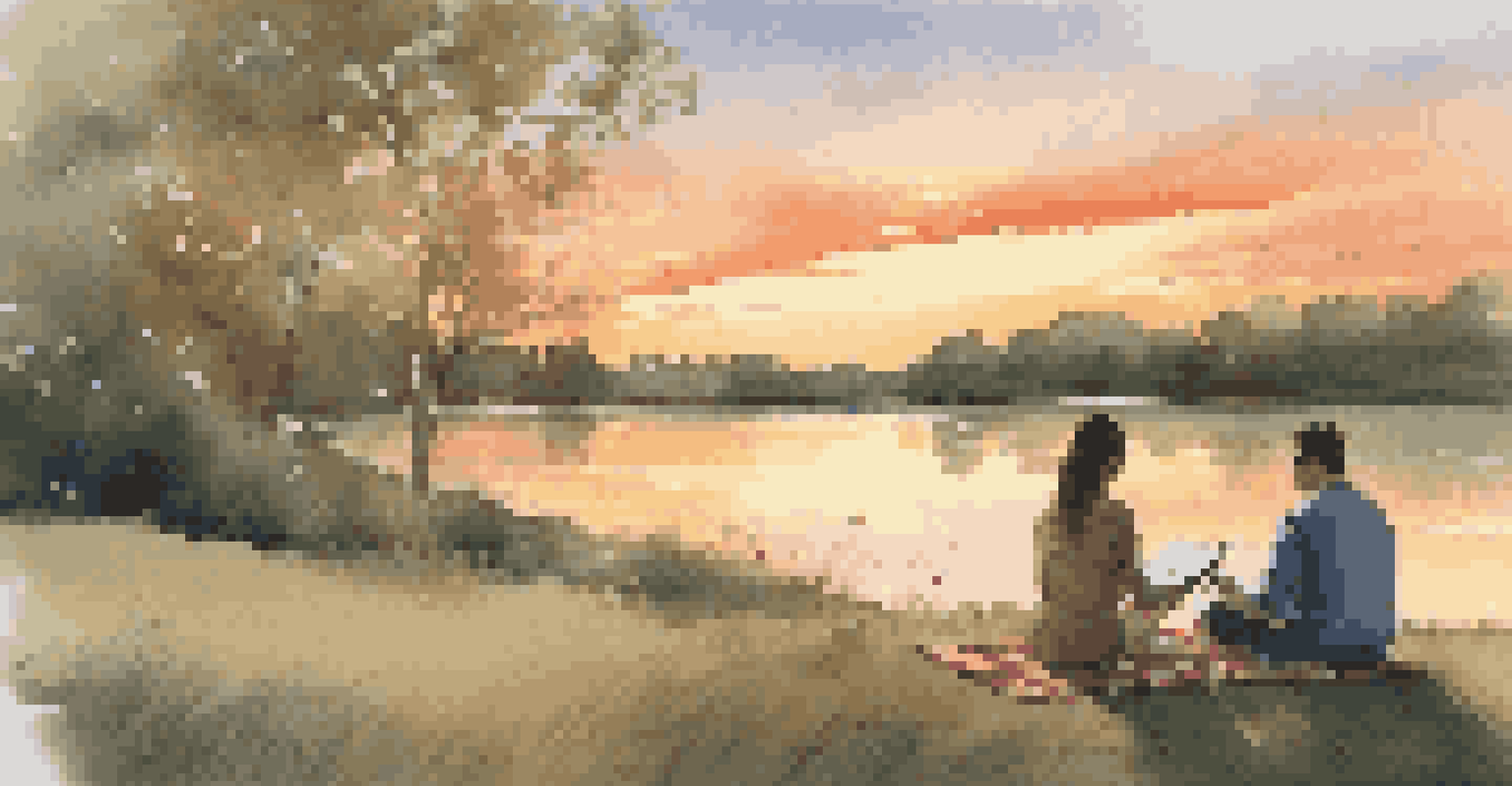 A couple creating art together on a picnic blanket during sunset, surrounded by nature.