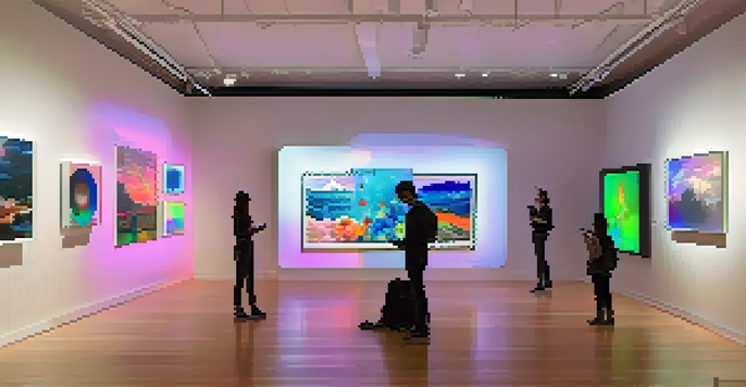 A modern gallery filled with vibrant digital art installations and colorful lights, with visitors interacting with the artwork using tablets.