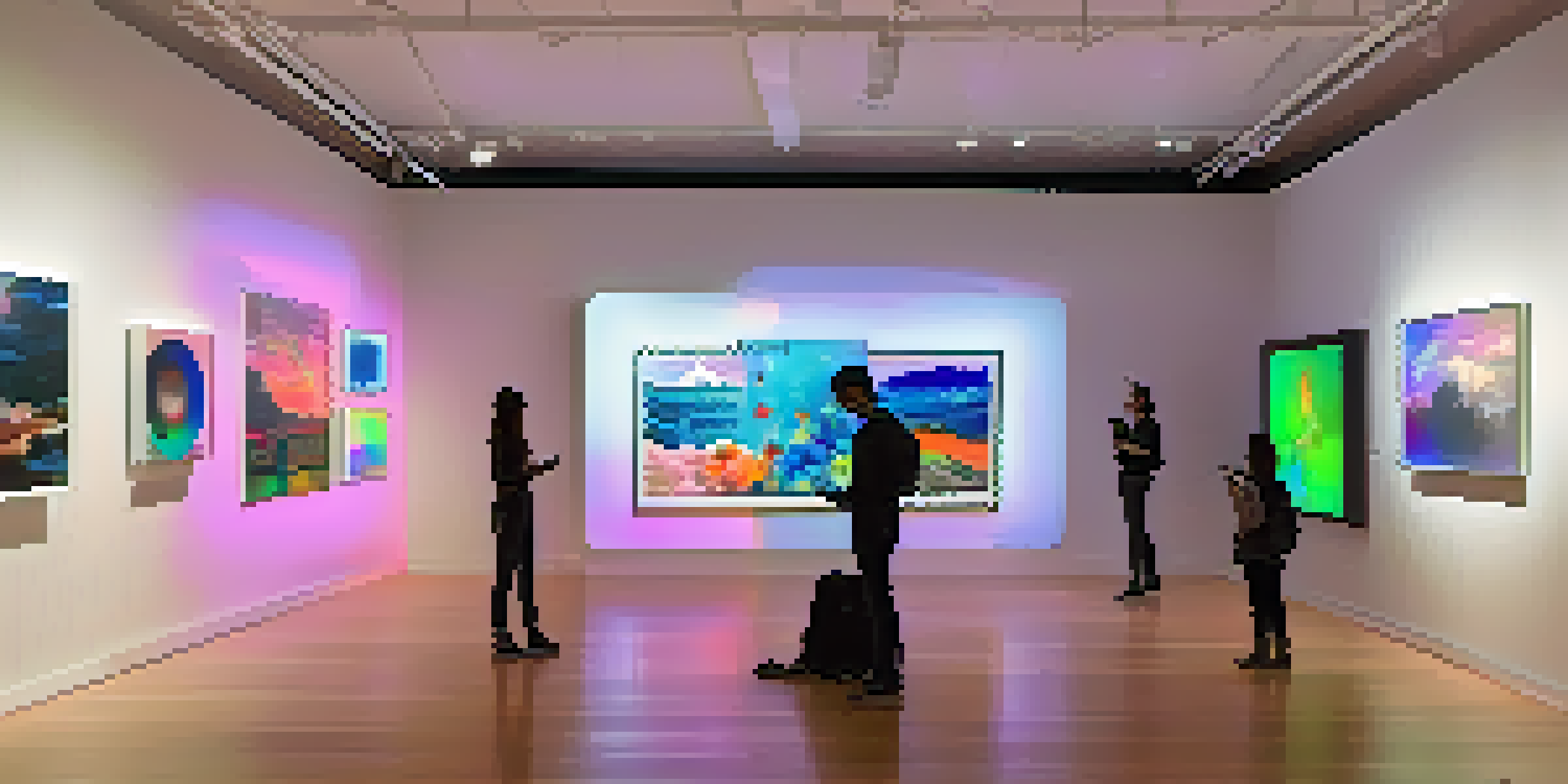A modern gallery filled with vibrant digital art installations and colorful lights, with visitors interacting with the artwork using tablets.