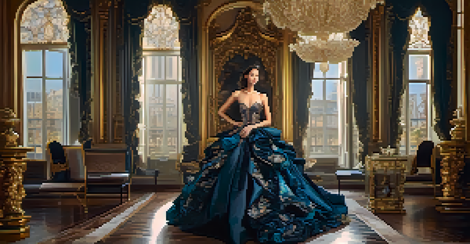 A model in a luxurious Baroque gown with ruffles and lace, in front of an opulent background with gold and jewel tones, illuminated by soft lighting.