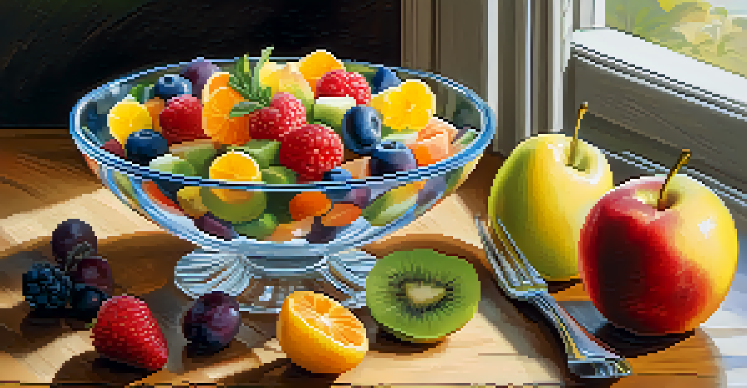 An artfully arranged rainbow fruit salad in a glass bowl on a wooden table.
