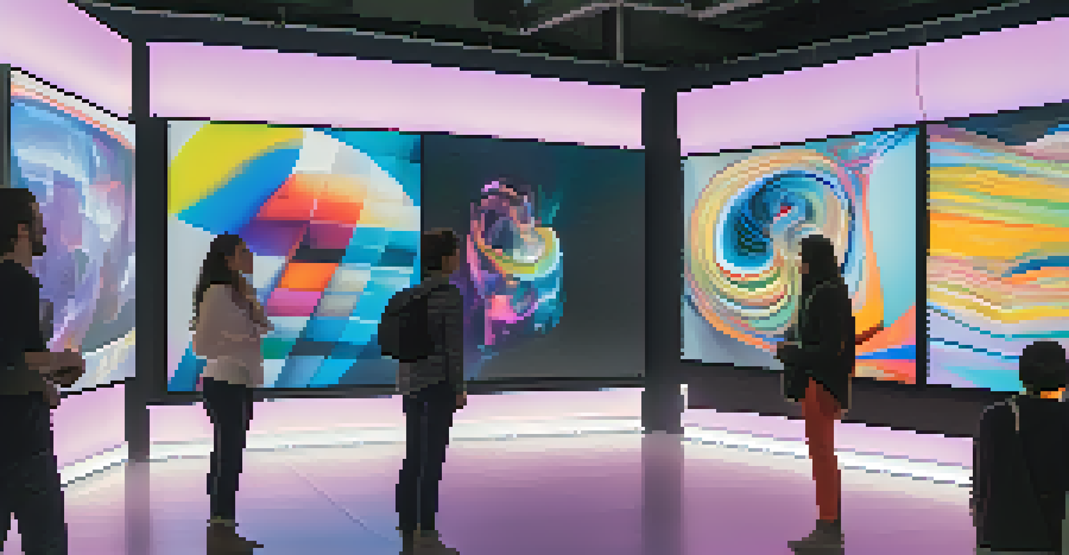 A modern digital art exhibition with attendees engaging with colorful digital compositions on screens.