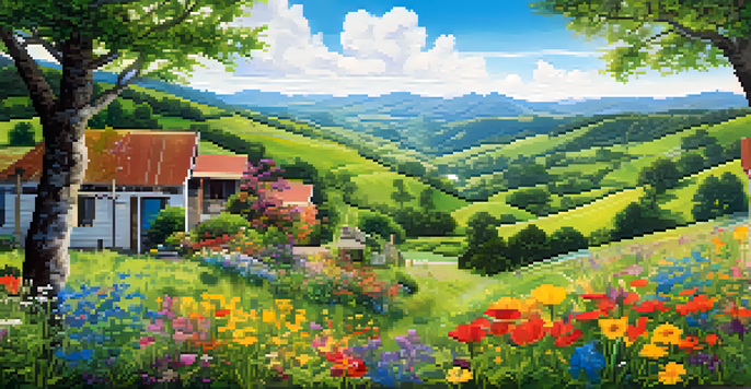 A group of seniors from diverse backgrounds gathered around a vibrant mural of a peaceful landscape, sharing memories and smiles.