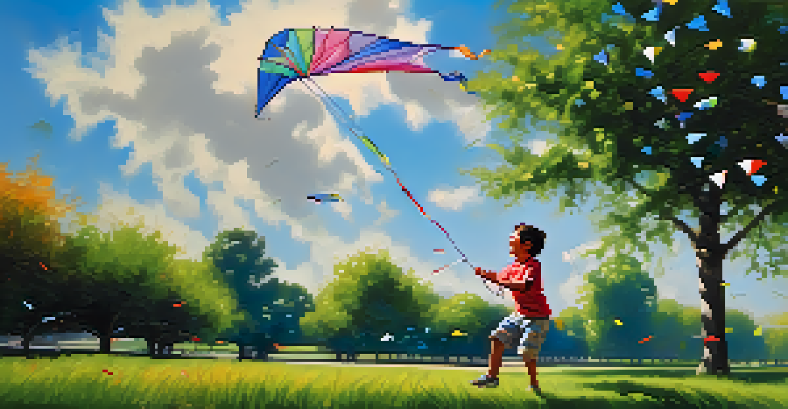 A joyful child plays with a colorful kite in a sunny park, surrounded by green grass and a blue sky.