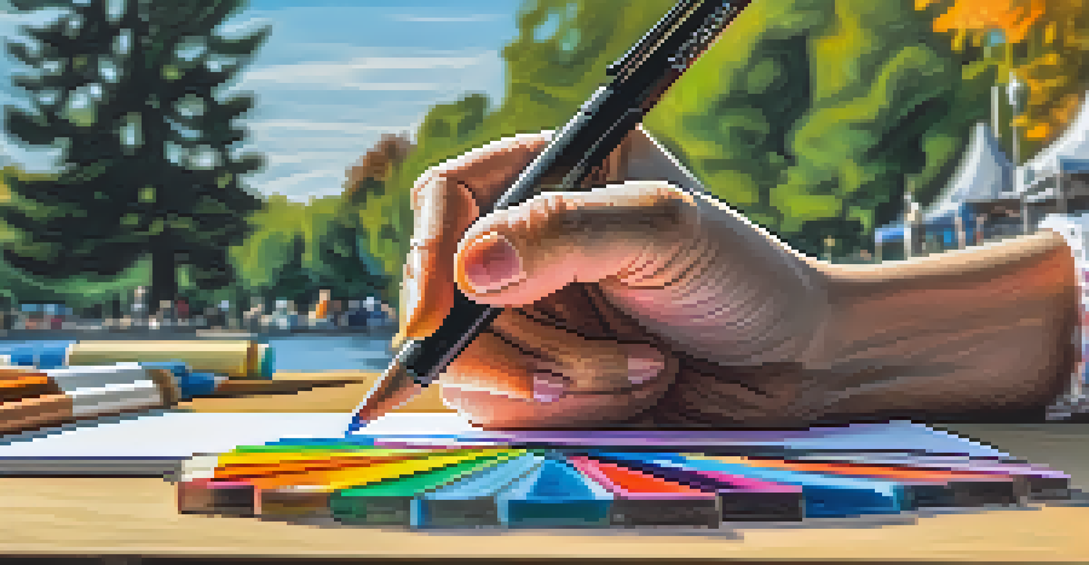 An artist sketching with colorful pencils in a tranquil park setting.