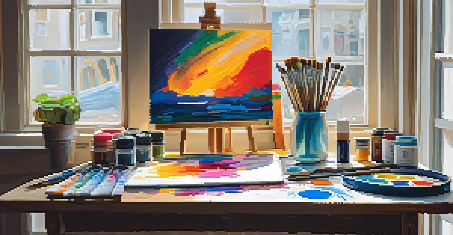 An artist's workspace with colorful paints, brushes, and a partially completed abstract canvas.