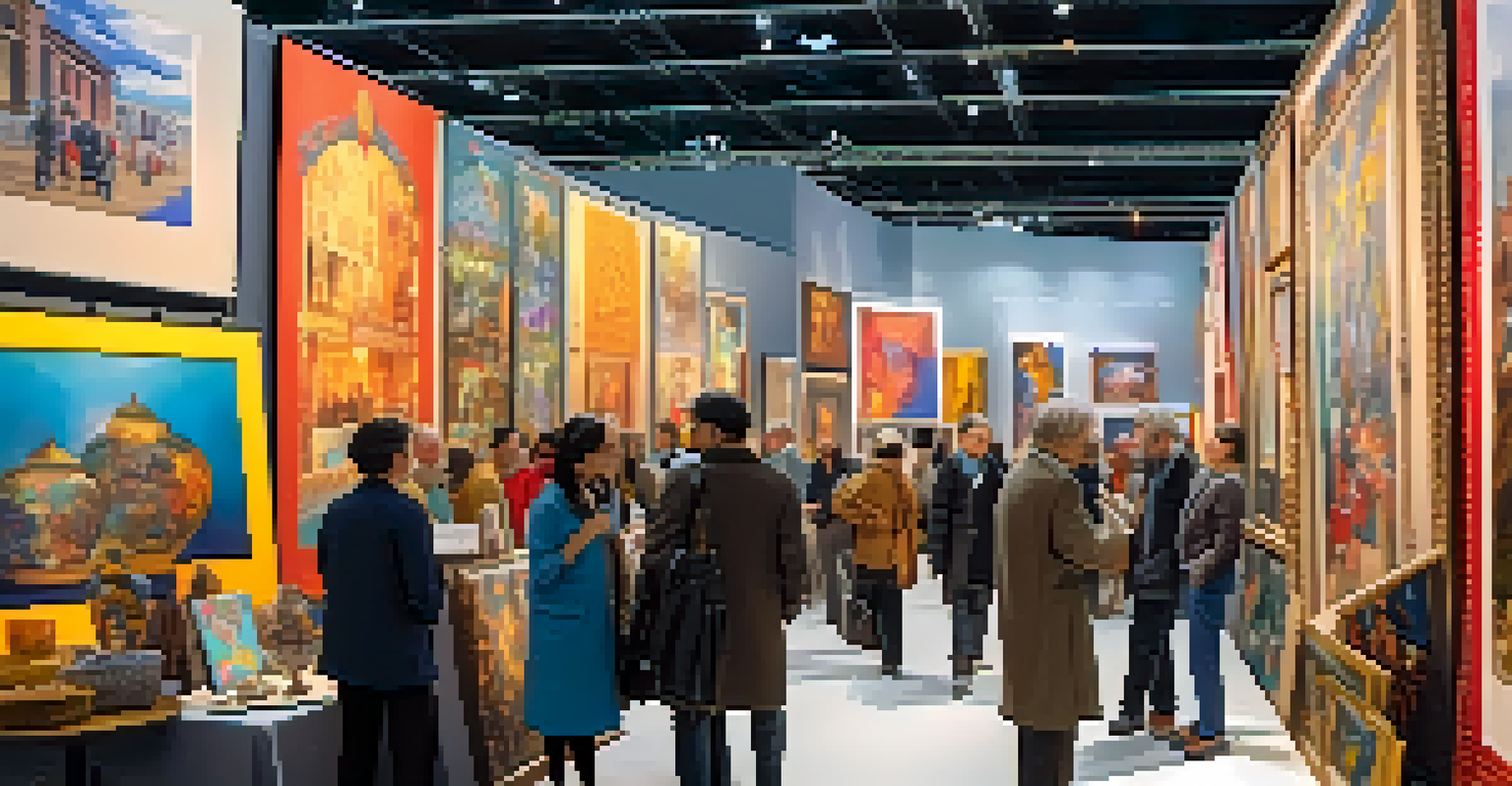 An international art fair filled with diverse artworks and collectors exploring the booths.