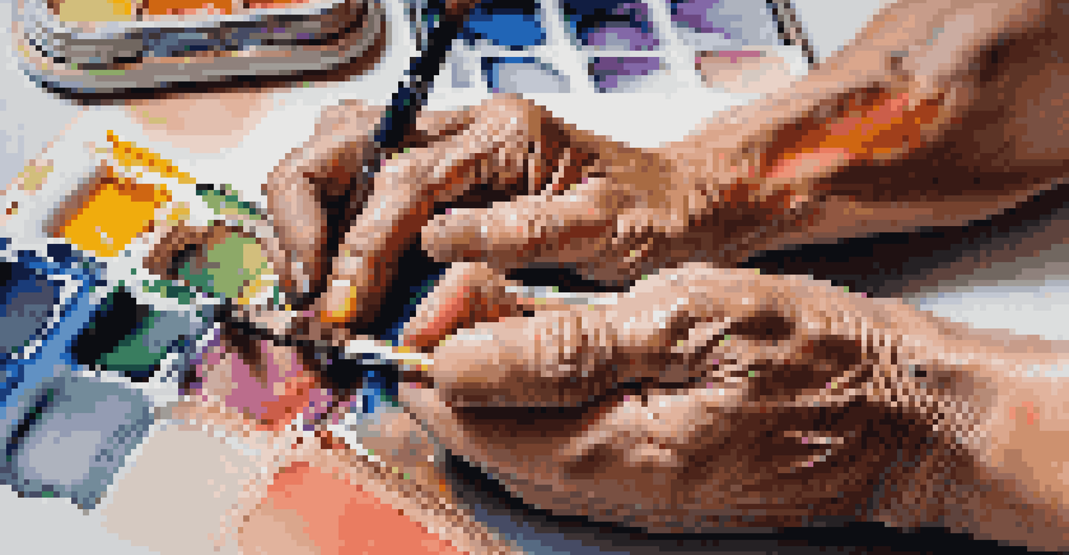 A close-up of a painter's hands mixing vibrant colors on a canvas, showcasing the textures and richness of the paint.