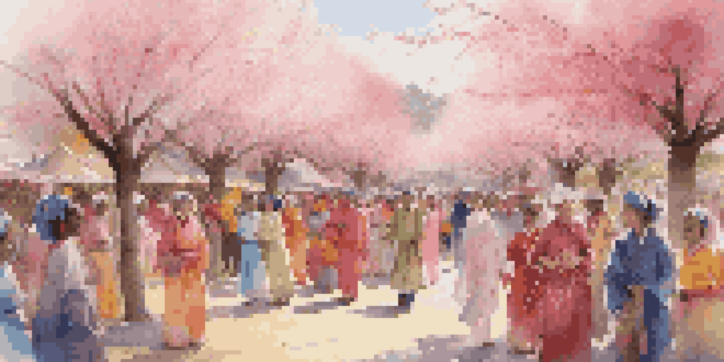 A lively festival with people in colorful traditional clothing celebrating under blooming cherry blossom trees.