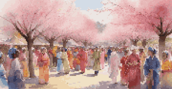 A lively festival with people in colorful traditional clothing celebrating under blooming cherry blossom trees.