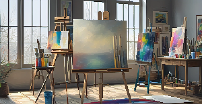 A bright art studio with an easel, vibrant paintings on the walls, and art supplies on a table, illuminated by natural light.