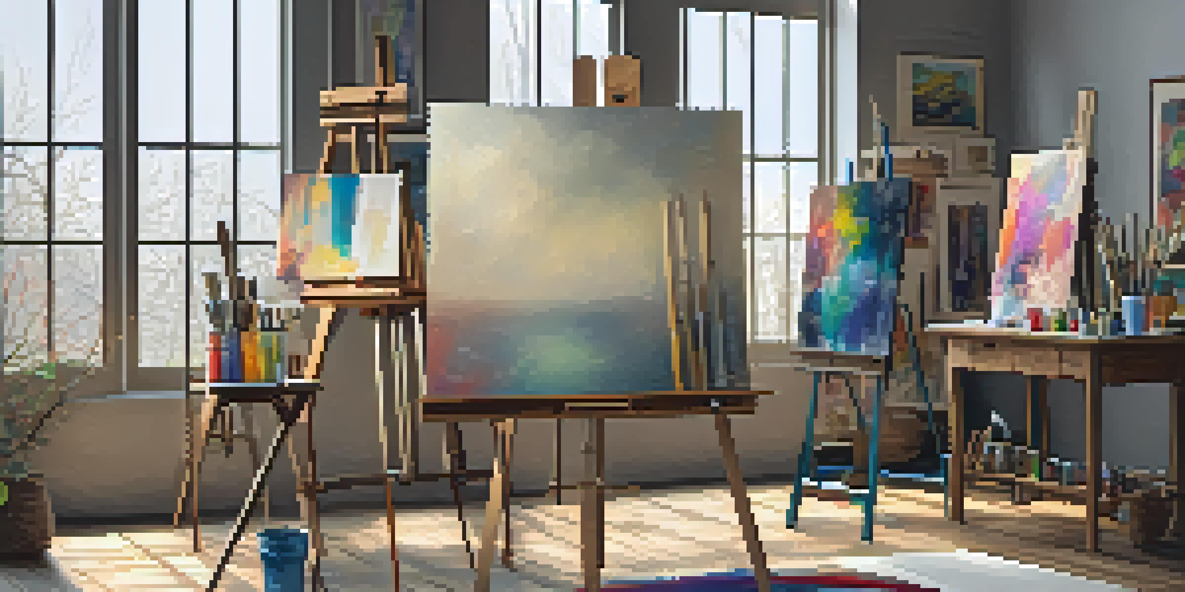 A bright art studio with an easel, vibrant paintings on the walls, and art supplies on a table, illuminated by natural light.