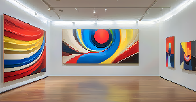 An abstract painting surrounded by speakers playing music, with colorful lights creating a dynamic atmosphere in a spacious gallery.