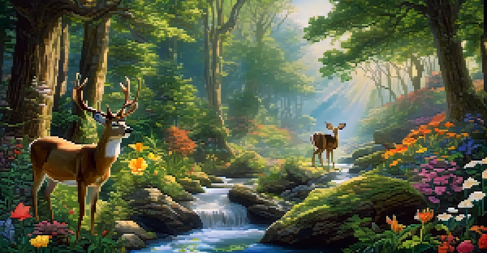 A colorful forest scene with sunlight peeking through the trees, featuring various wildlife including deer and birds, and a flowing stream.