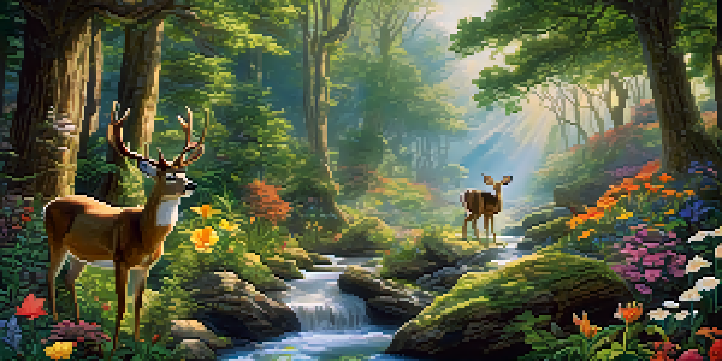 A colorful forest scene with sunlight peeking through the trees, featuring various wildlife including deer and birds, and a flowing stream.