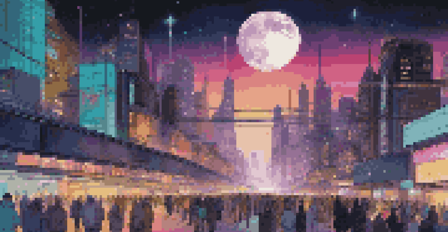A futuristic city at night, illuminated by neon lights and filled with people and flying vehicles, under a starry sky.