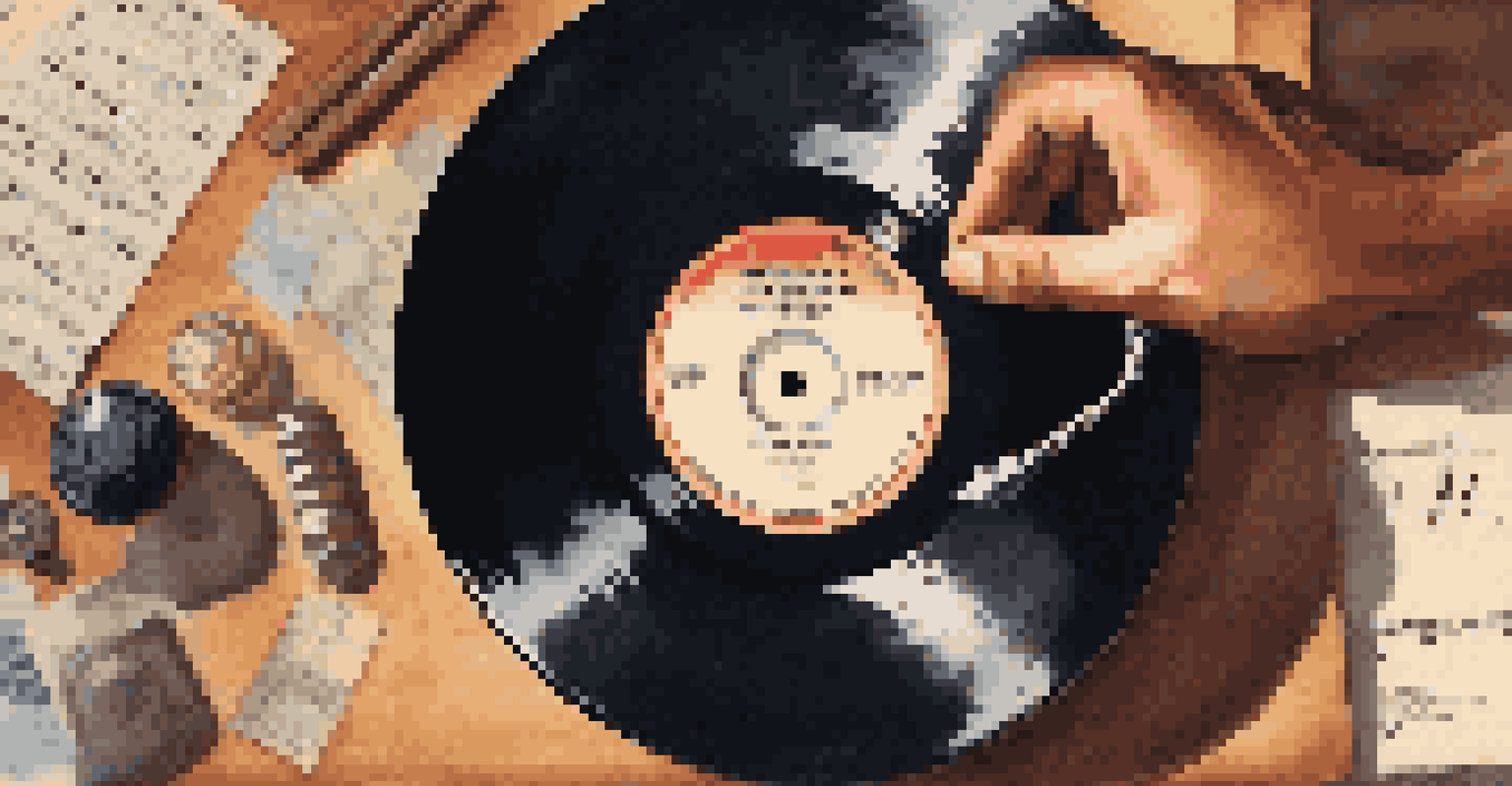 A close-up of a hand holding a vinyl record with a social movement song label, surrounded by notes and lyrics.