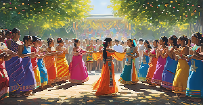 A colorful outdoor coming-of-age ceremony with young dancers in traditional costumes, performing under sunlight with an engaged audience.
