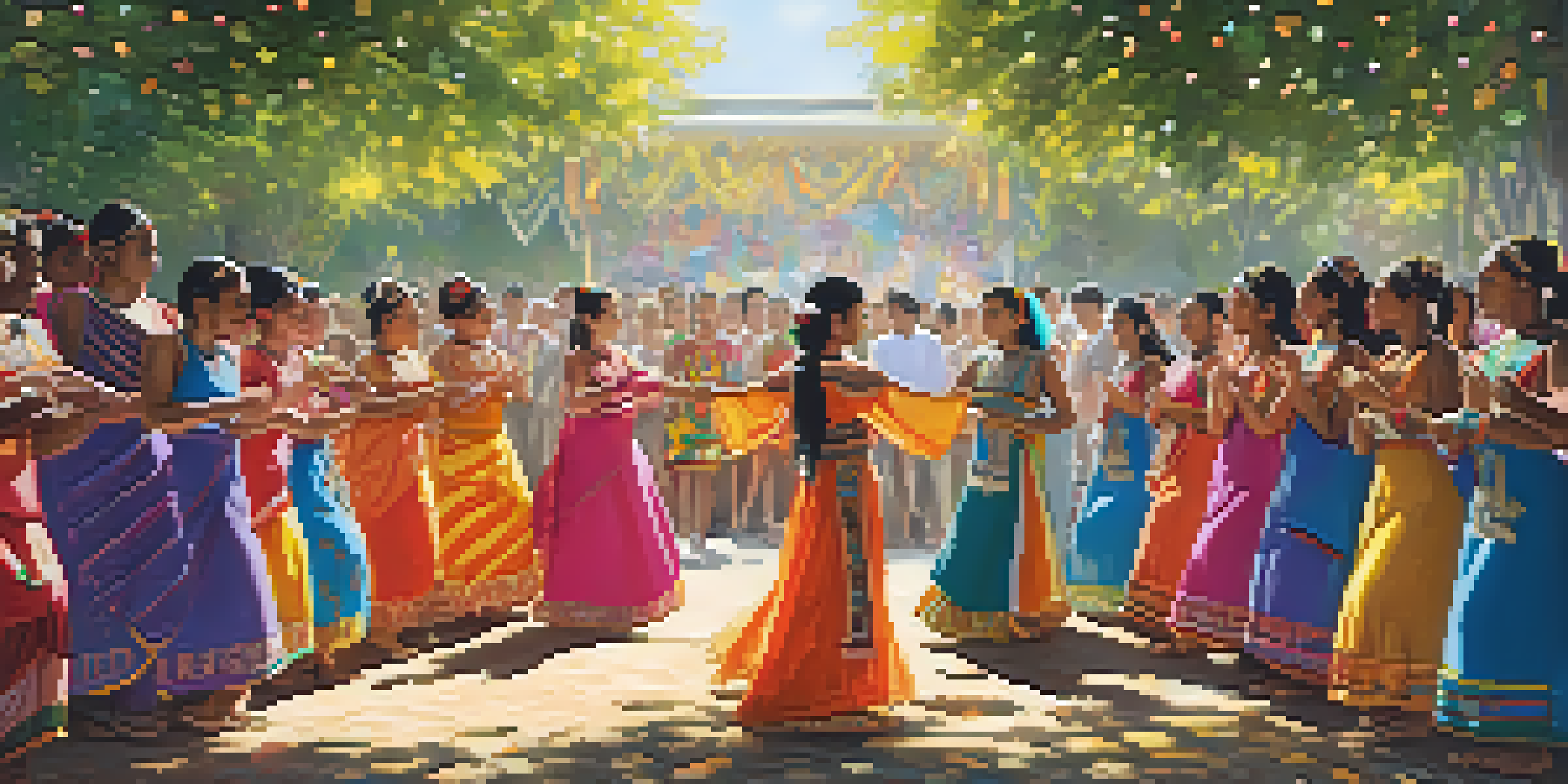 A colorful outdoor coming-of-age ceremony with young dancers in traditional costumes, performing under sunlight with an engaged audience.