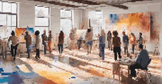 A group of diverse artists working together in a sunlit studio, creating art on large canvases with colorful splashes of paint around them.