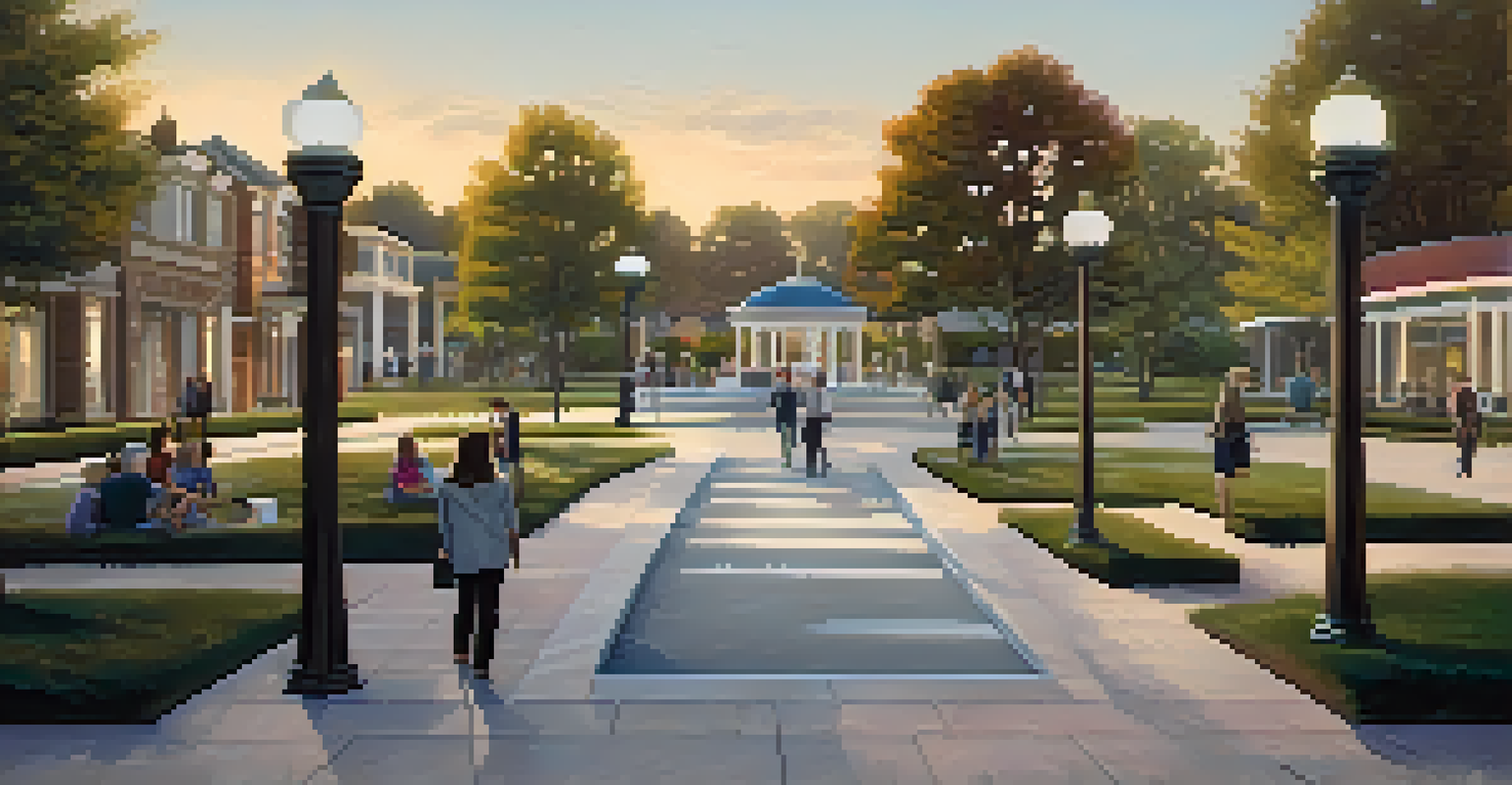 A peaceful art installation in a suburban plaza with illuminated pathways and sculptures.