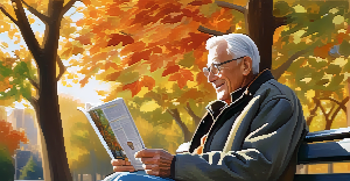 An elderly man enjoying a graphic novel on a park bench, surrounded by colorful autumn foliage, with sunlight illuminating his face.
