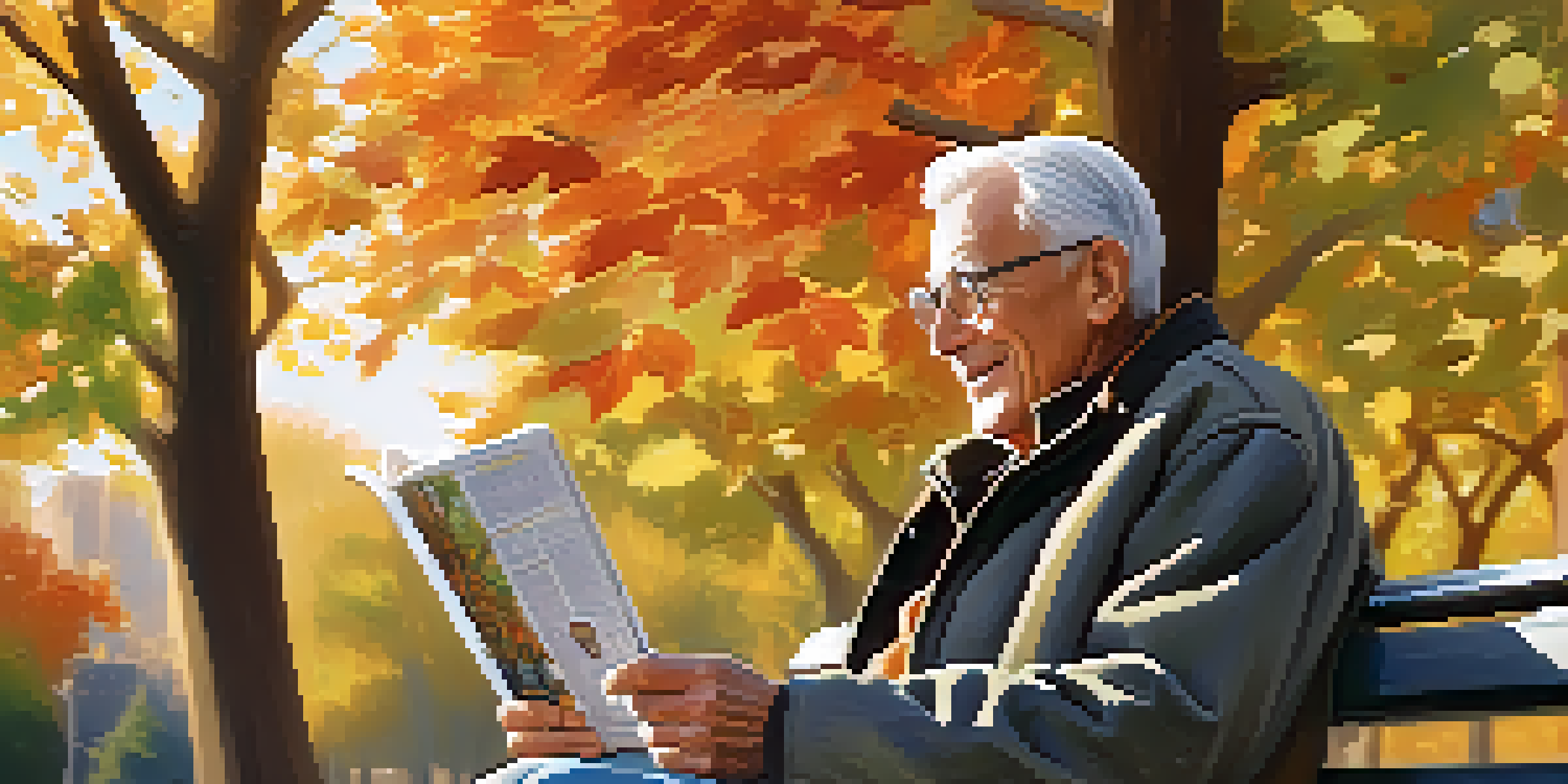 An elderly man enjoying a graphic novel on a park bench, surrounded by colorful autumn foliage, with sunlight illuminating his face.