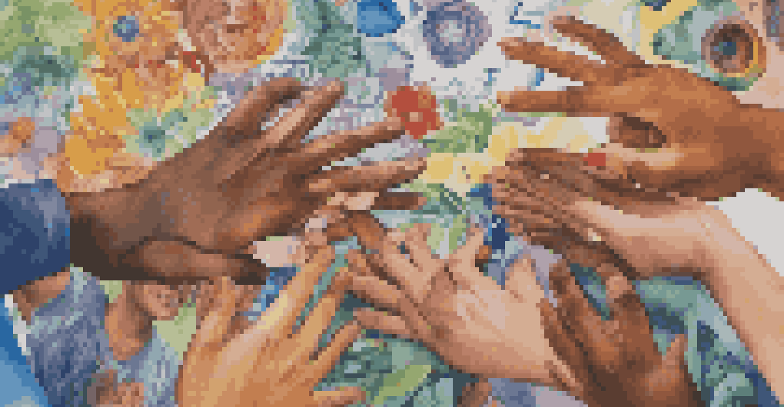 Close-up of diverse individuals painting a community mural together, showcasing vibrant colors and joyful expressions.