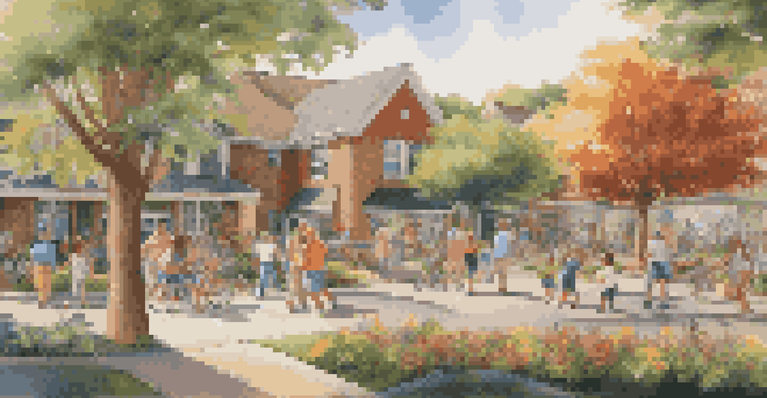 A colorful mural in a park showcasing scenes of suburban life, surrounded by greenery and flowers.