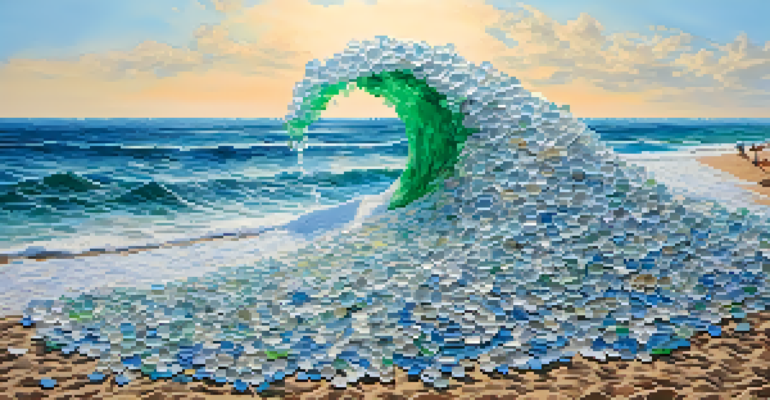 An art installation of discarded plastic arranged as a wave on a beach, symbolizing ocean pollution amidst a serene background.