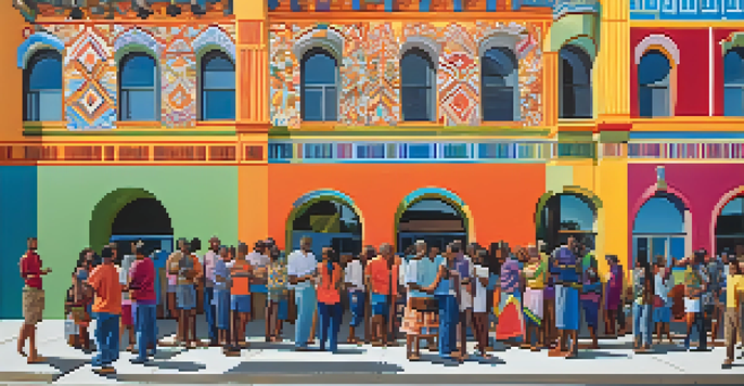 A colorful mural illustrating a community gathering with diverse people talking and collaborating, surrounded by vibrant patterns and symbols of local culture.