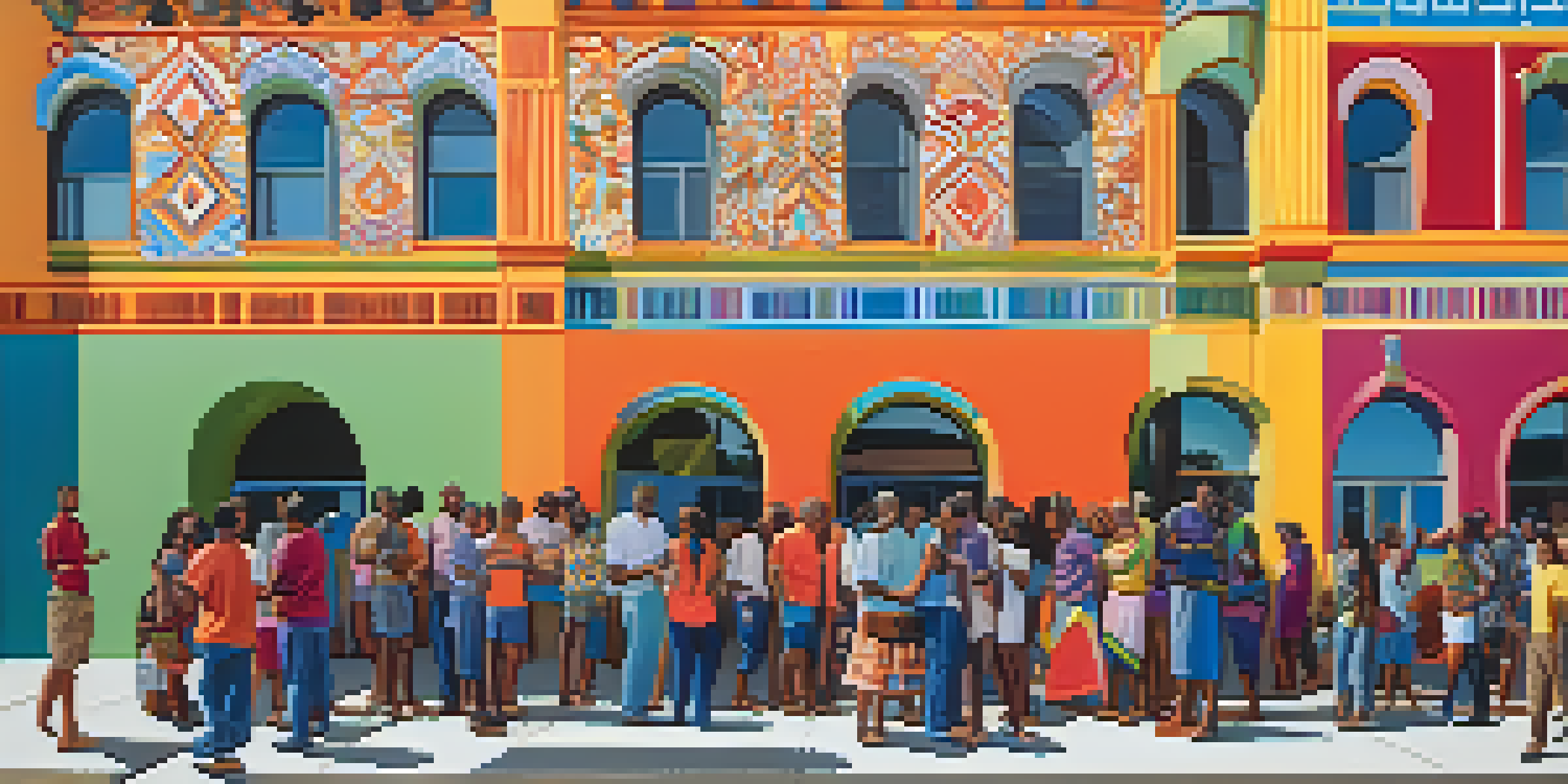 A colorful mural illustrating a community gathering with diverse people talking and collaborating, surrounded by vibrant patterns and symbols of local culture.