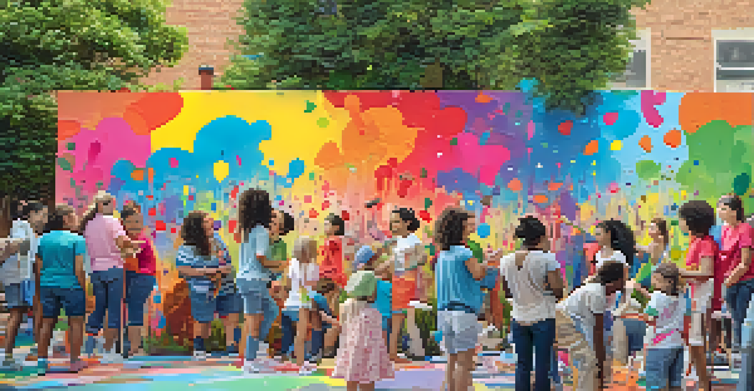 A diverse group of people collaborating on a large mural in an outdoor setting, surrounded by colorful paints and nature.