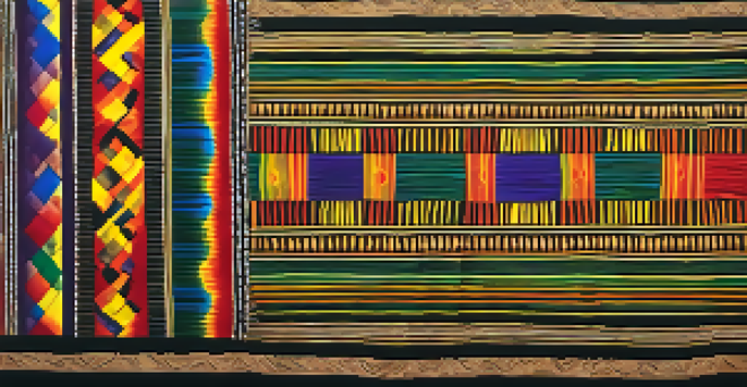 An intricate African kente cloth displayed on a wooden loom, emphasizing its colorful patterns and textures under warm lighting.