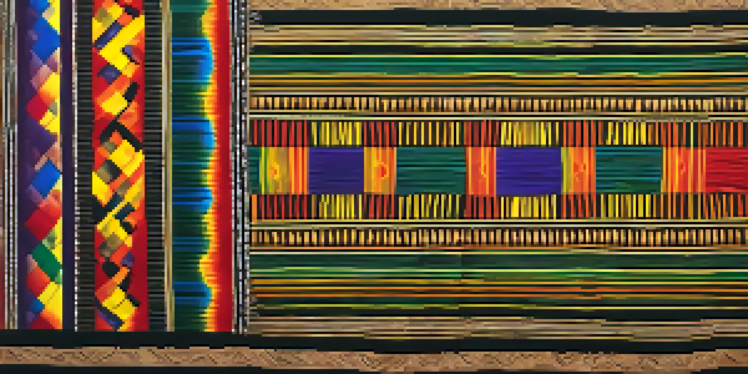 An intricate African kente cloth displayed on a wooden loom, emphasizing its colorful patterns and textures under warm lighting.