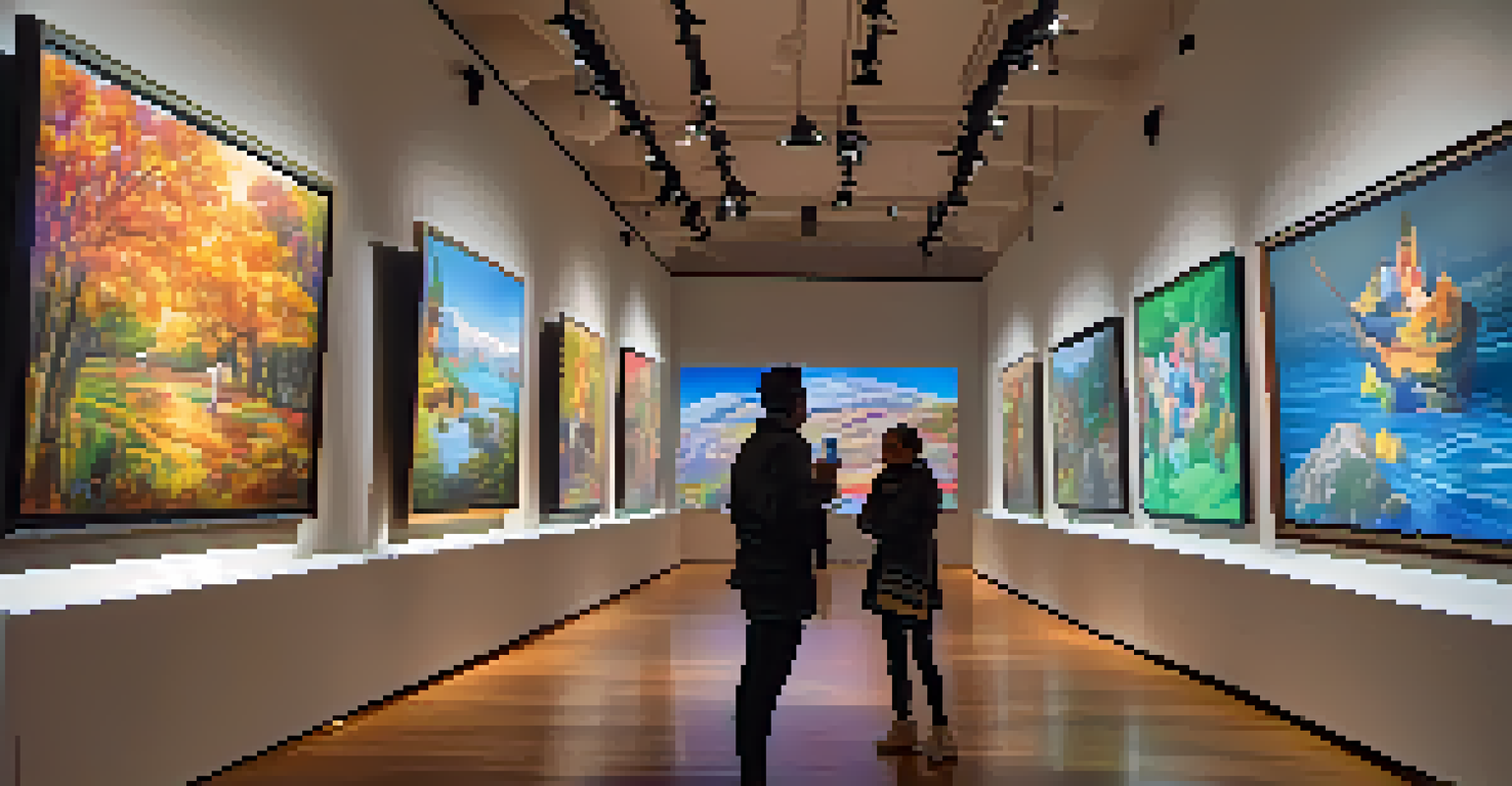 An augmented reality art installation in a gallery, with animated paintings and engaged viewers experiencing the interactive features.