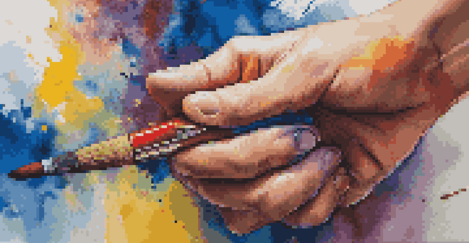 A close-up of a hand holding a paintbrush over a colorful canvas, showcasing the textures and vibrant colors of the artwork.