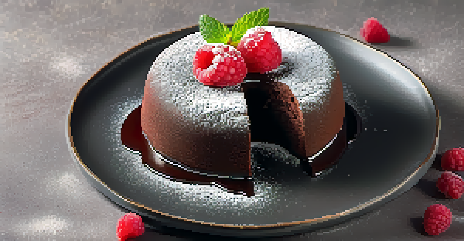 A chocolate lava cake with a molten center, garnished with raspberries and mint, presented on a dark plate under warm lighting.