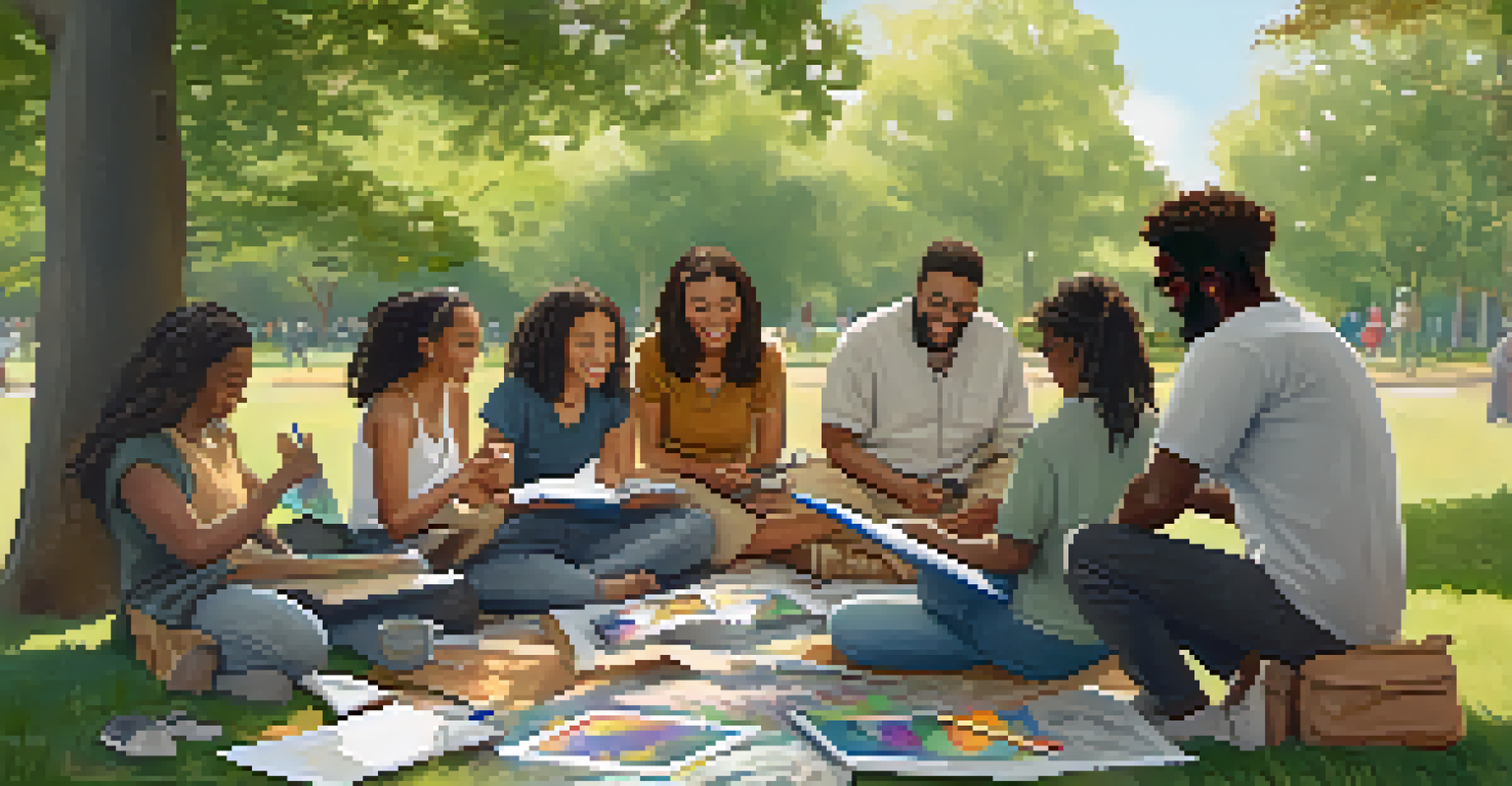 A diverse group of individuals in a park, engaging in a creative workshop with sketchbooks and art supplies.