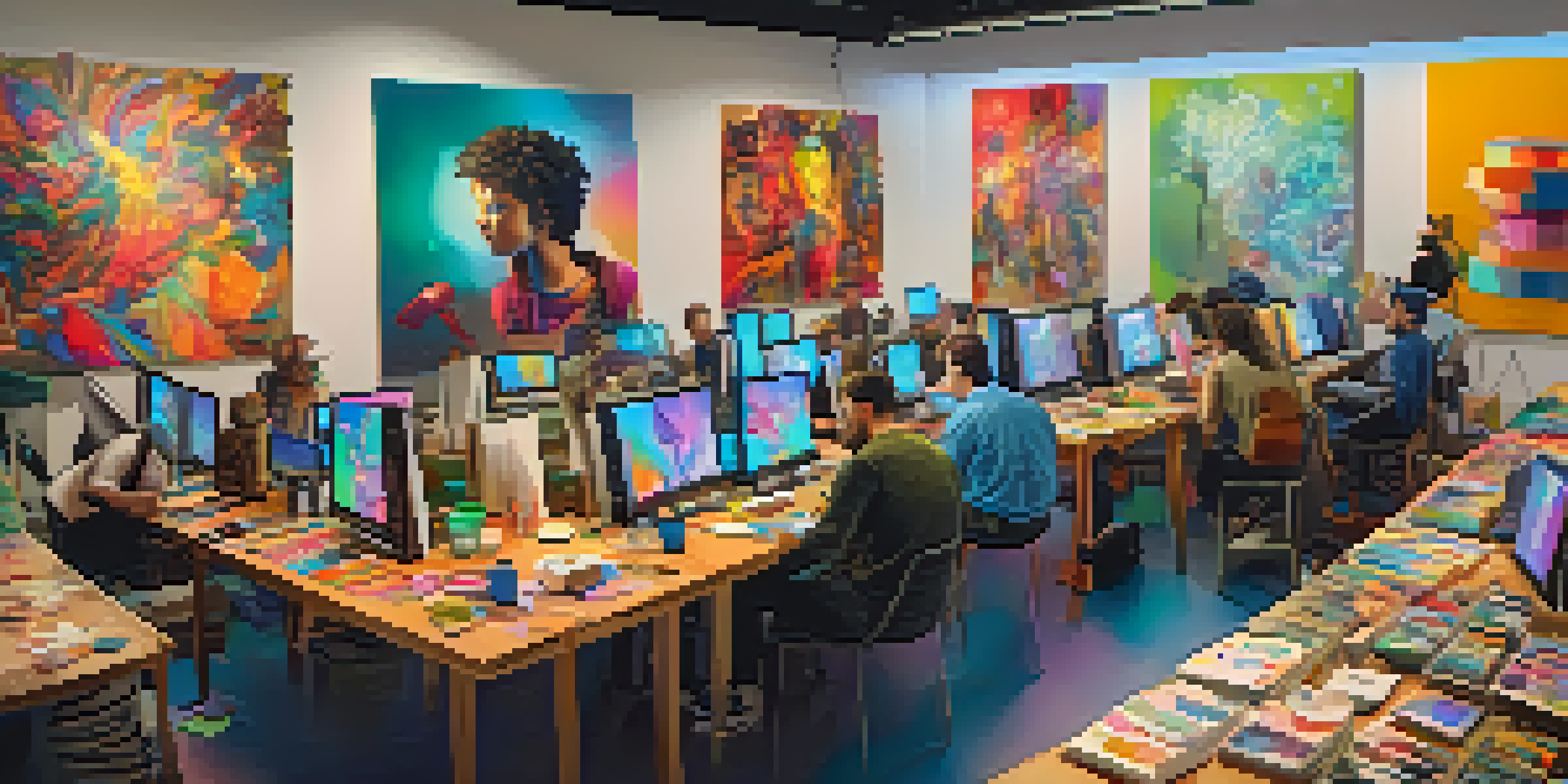 A lively gathering of diverse artists collaborating in a colorful studio filled with art supplies and digital tools.
