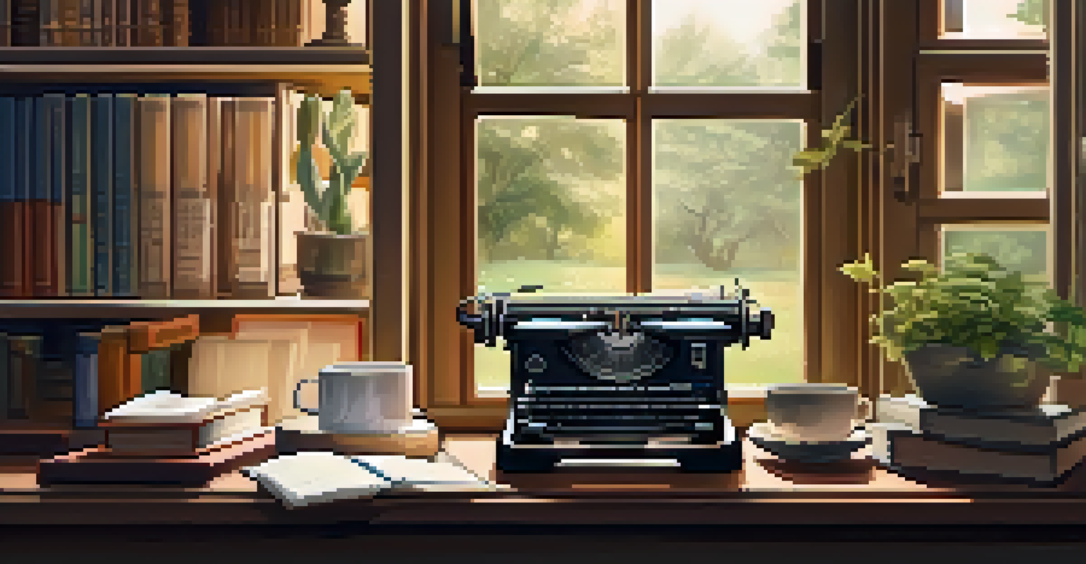 A cozy writing space with a vintage typewriter, a cup of tea, and bookshelves, overlooking a garden.