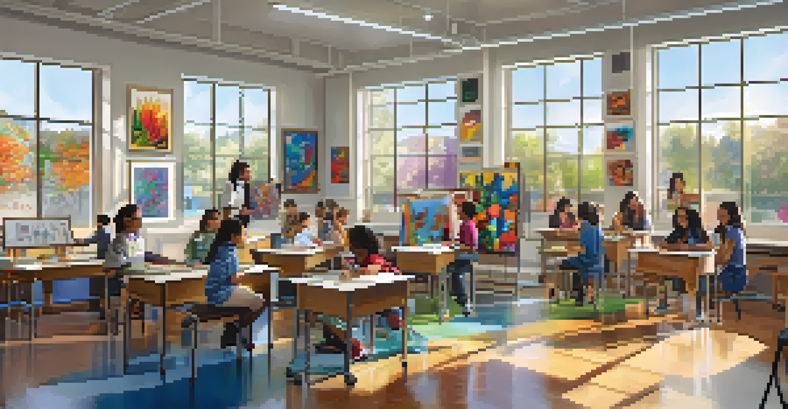 A classroom filled with students from diverse backgrounds engaged in an arts education program, creating colorful artwork.