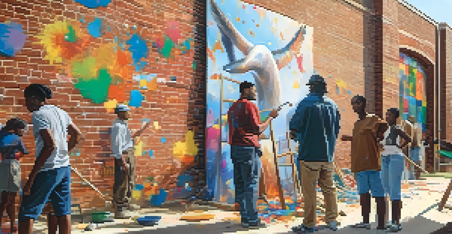 An artist working on a mural about social justice on a brick wall, with spectators watching from afar under soft afternoon light.