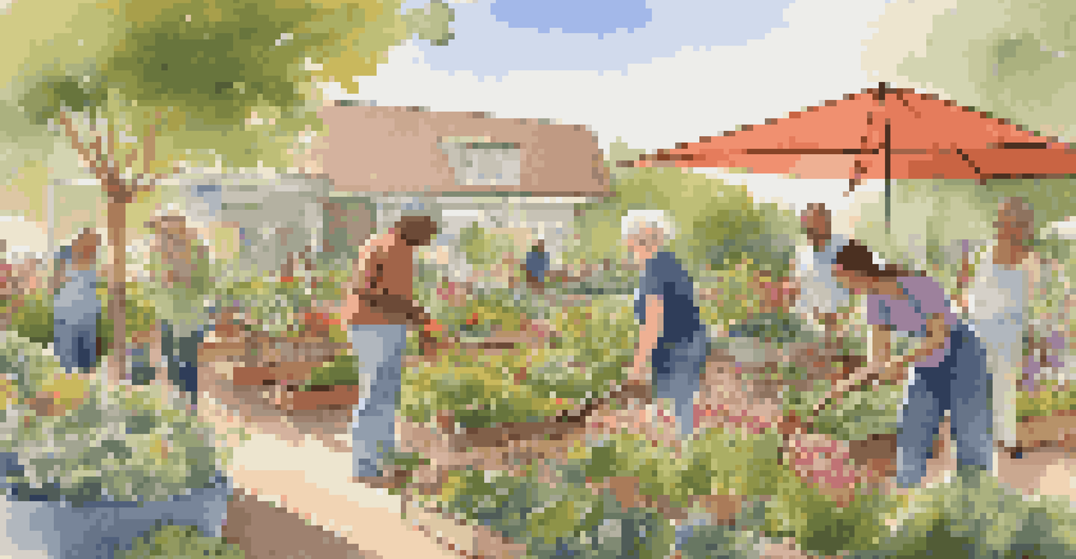 A community garden with diverse participants learning about gardening under warm sunlight, surrounded by colorful plants.