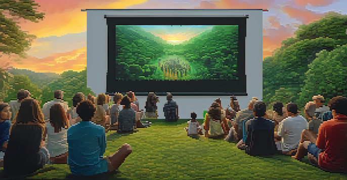 A diverse group of people watching a documentary outdoors, with a projector screen displaying images of nature and climate change, under a sunset sky.