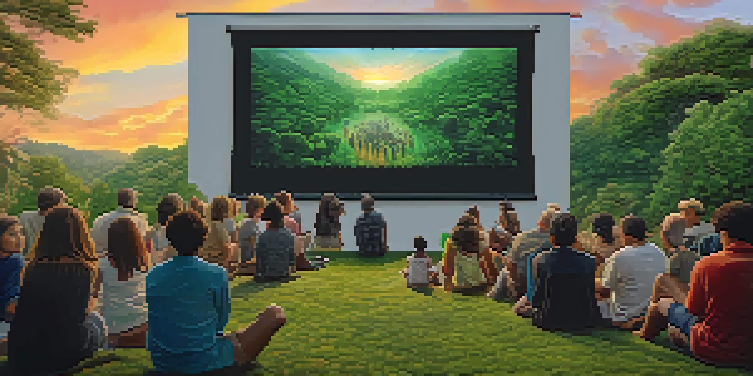 A diverse group of people watching a documentary outdoors, with a projector screen displaying images of nature and climate change, under a sunset sky.