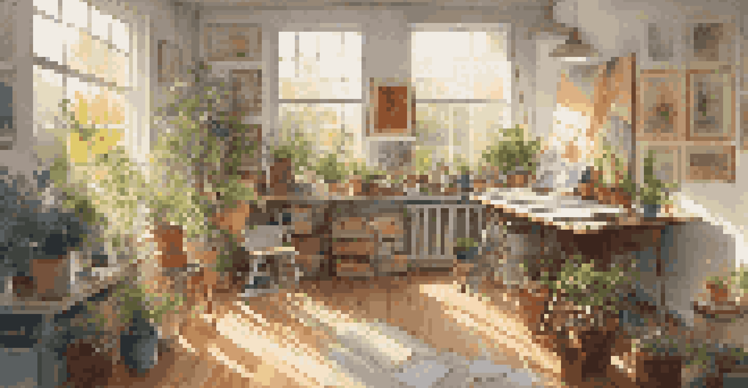 An artist's studio with a large abstract painting, art supplies, and sunlight streaming through the windows.