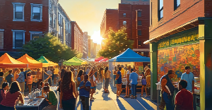 A lively street festival with colorful murals and diverse people admiring art, illuminated by the golden light of sunset.
