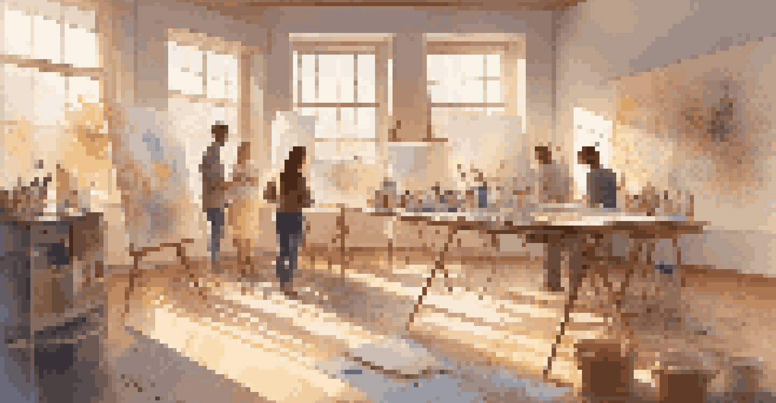 An art studio with artists collaborating on a canvas, filled with natural light and creative materials.