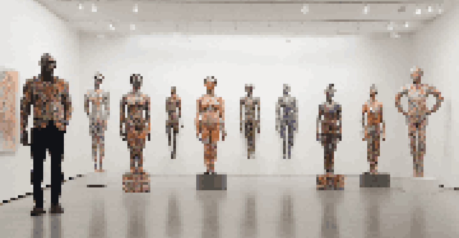 A contemporary art installation with life-sized sculptures of diverse human bodies in a gallery.